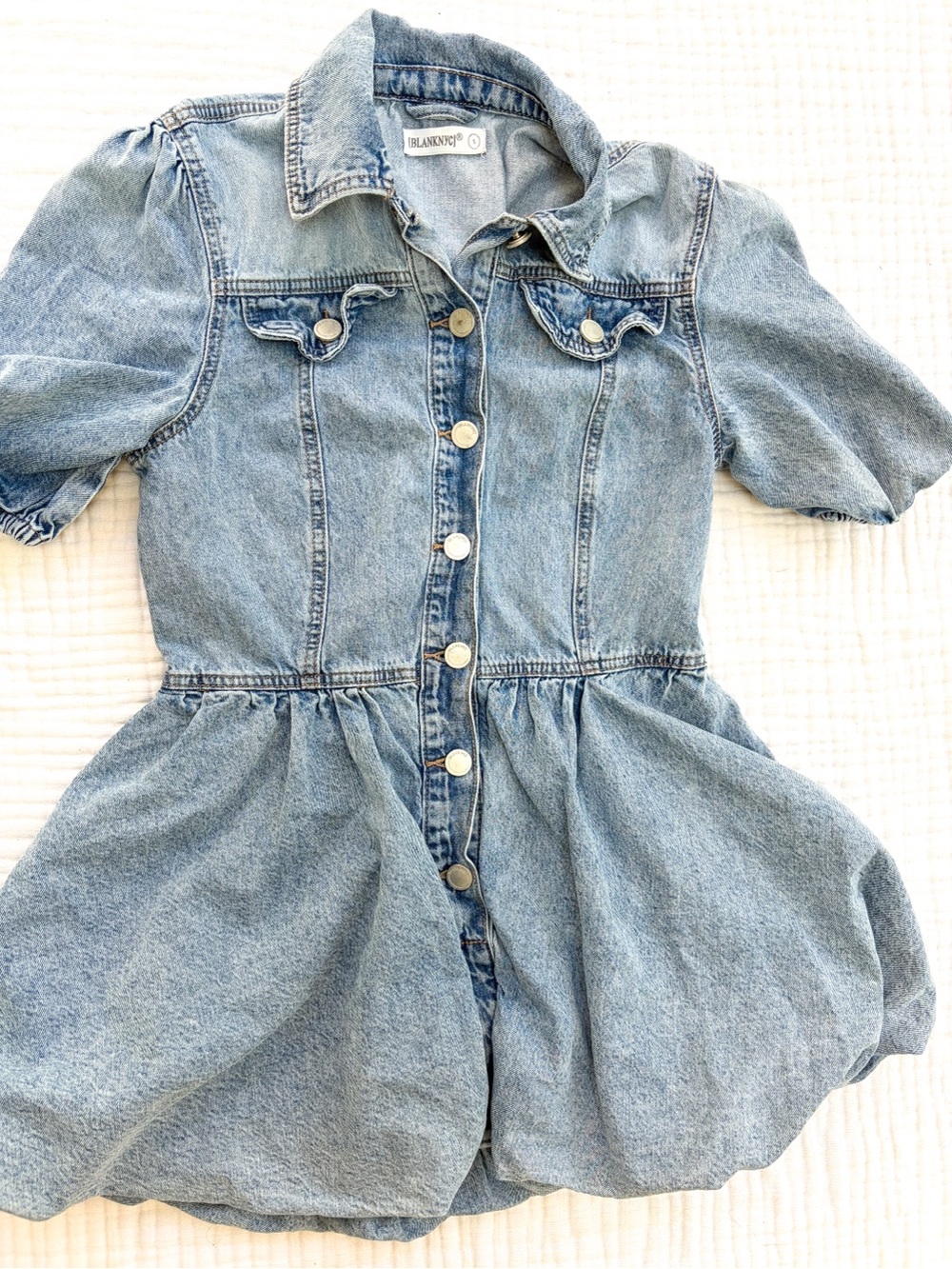 Blank NYC Denim Bubble Hem Mini Dress Puff Sleeve Y2K Coquette Small